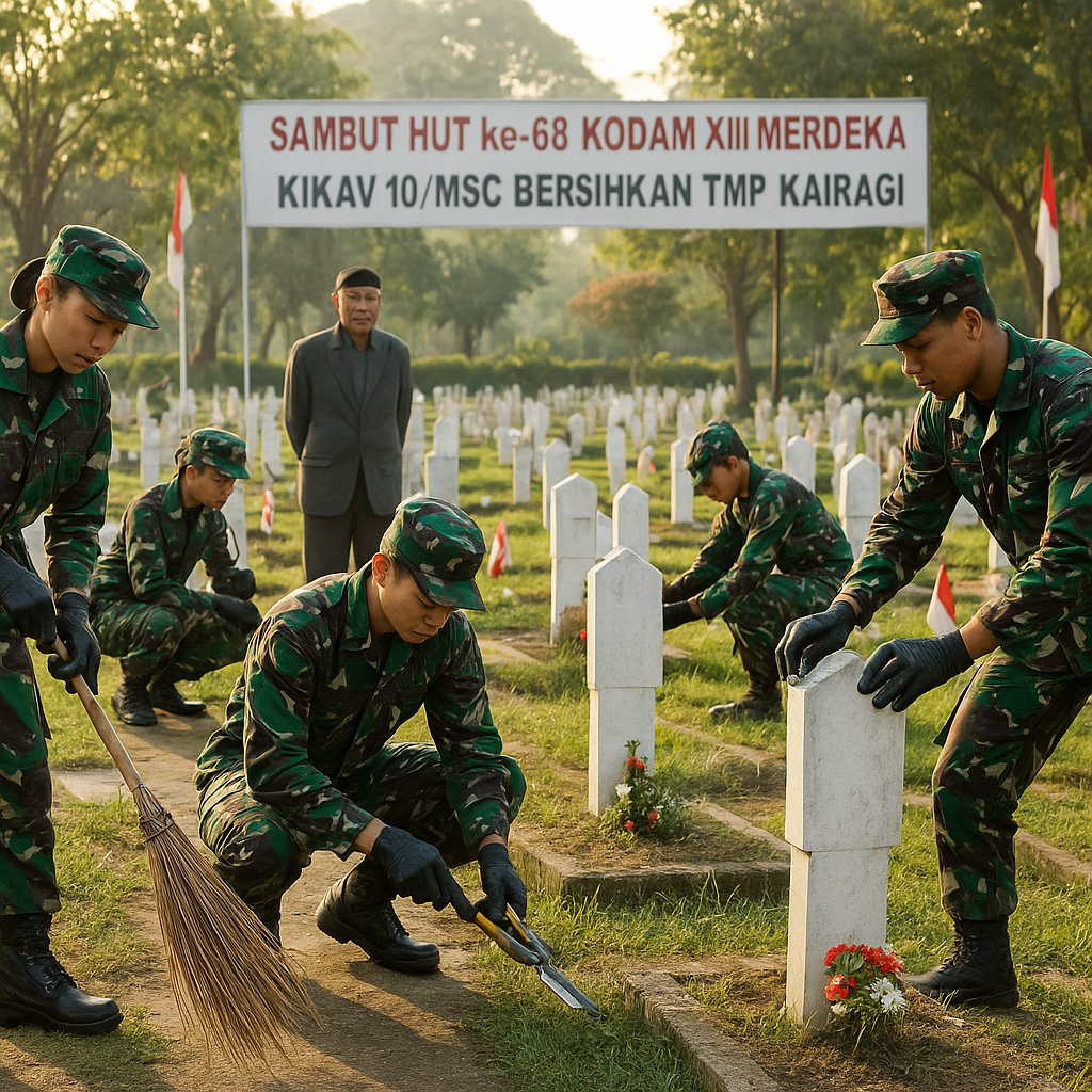 Sambut HUT ke-68 Kodam XIII/Merdeka, Kikav 10/MSC Bersihkan Taman Makam Pahlawan sebagai Wujud Penghormatan