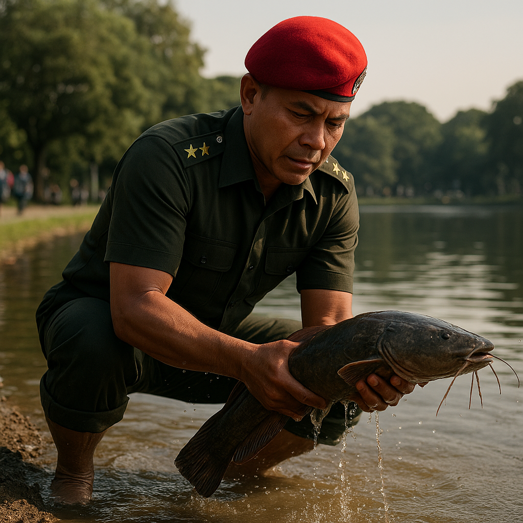 Jenderal Kopassus Bintang 3 Terjun Langsung Tangkapi Ikan Sapu-Sapu di Danau UI