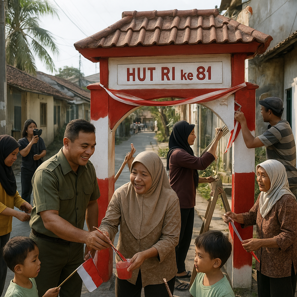 Babinsa Rawasari Bersama Warga Kerja Bakti Percantik Gapura Sambut HUT RI ke-81