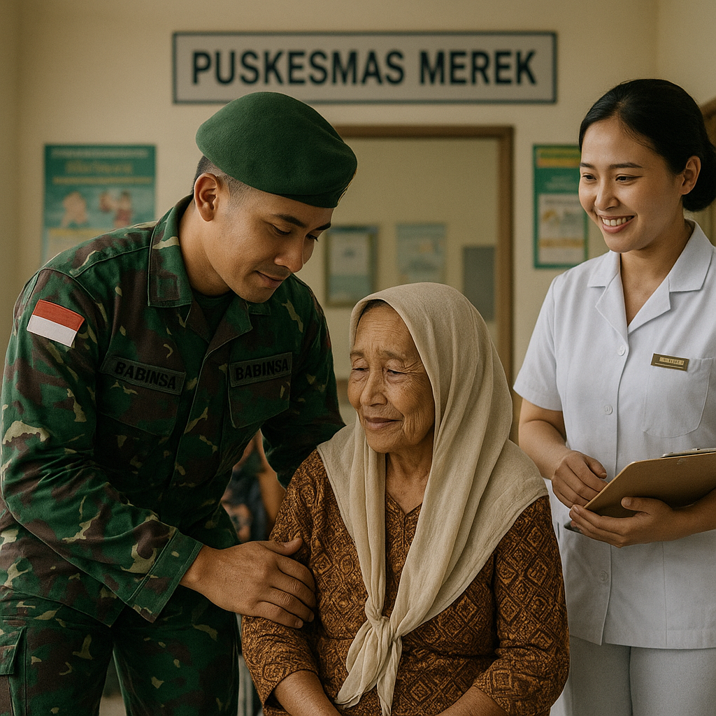 Wujud Kemanunggalan TNI-Rakyat, Babinsa Koramil 02/Tigapanah Dampingi Lansia Berobat di Puskesmas