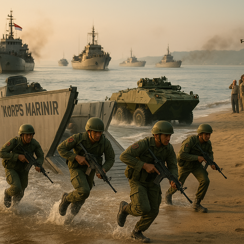 Korps Marinir TNI AL Gelar Lompatan Sejarah: Peragaan Rekayasa Operasi Pendaratan Amfibi di Teluk Lampung