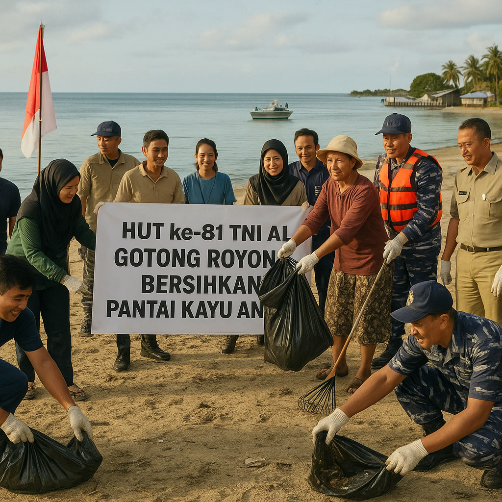 Semangat Gotong Royong Warga dan Prajurit TNI AL Bersihkan Pantai Kayu Angin di Pulau Sebatik