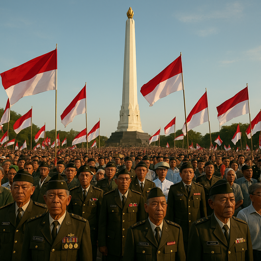 Peringatan 81 Tahun Pertempuran Surabaya, Ribuan Purnawirawan dan Taruna Kibarkan Bendera di Tugu Pahlawan