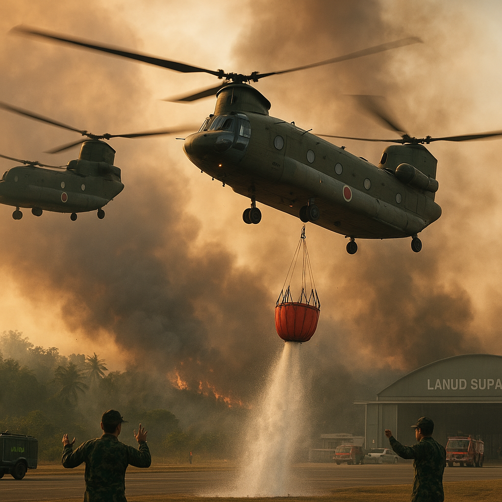 Tiga Helikopter Chinook Jepang Beroperasi di Bawah Kendali Lanud Supadio Bantu Padamkan Karhutla