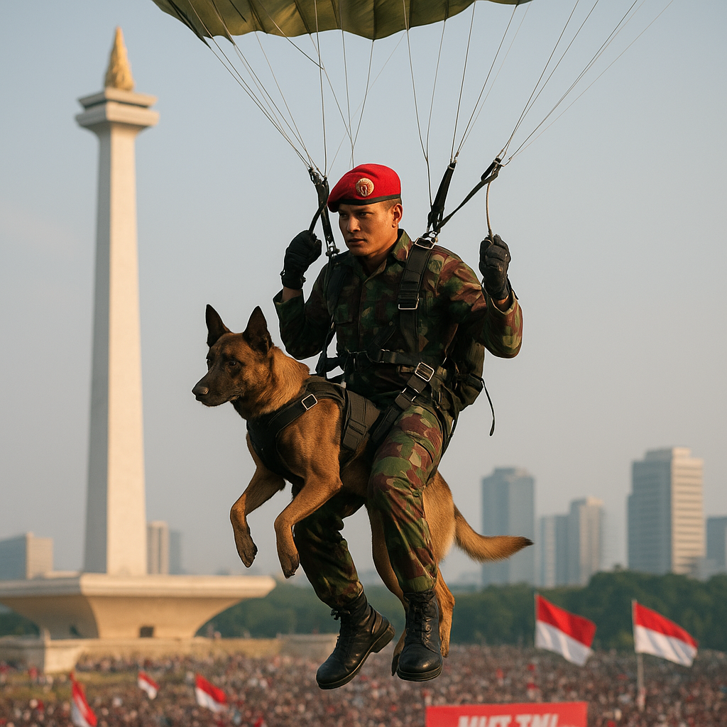 Prajurit Kopassus Terjun Payung Bawa Anjing di Monas saat HUT TNI