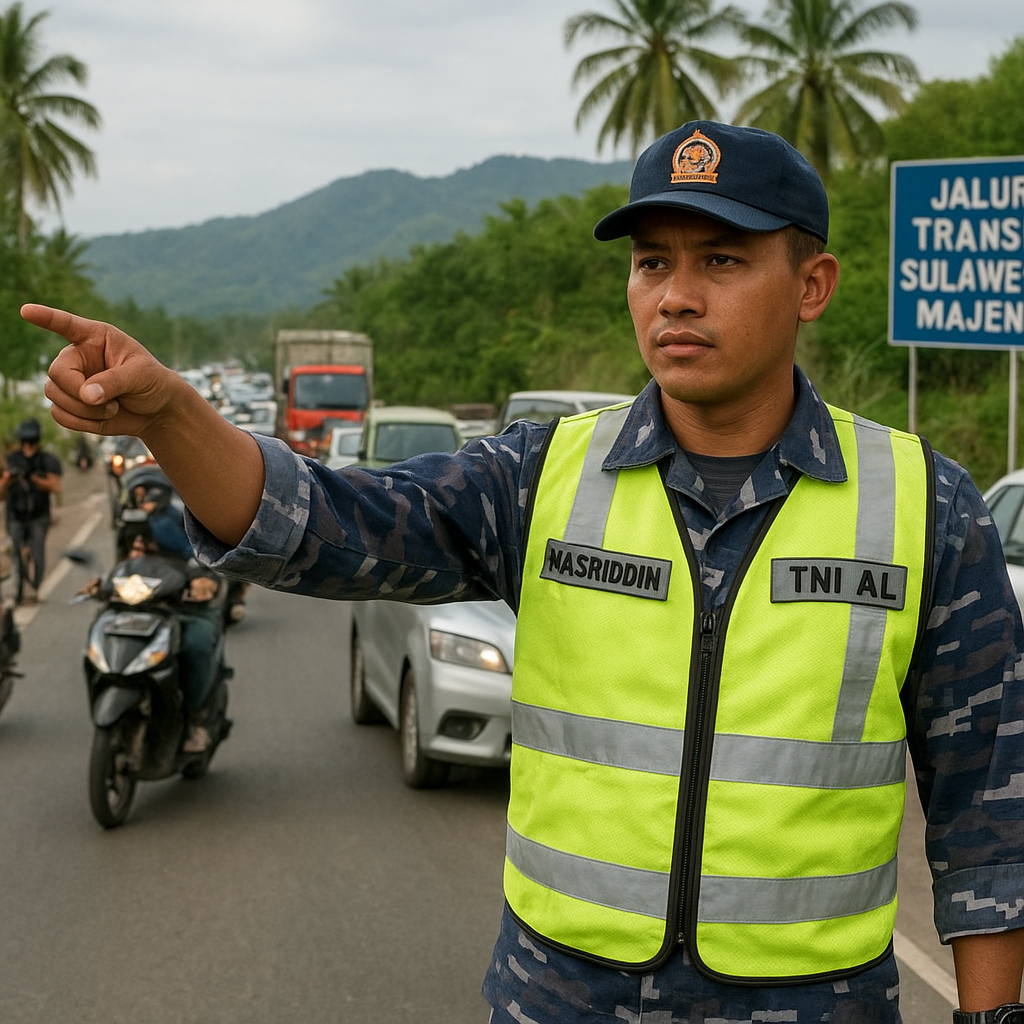 Naluri Mengabdi Tanpa Batas : Perwira TNI AL Lettu Nasruddin Urai Kamacetan di Jalur Trans Sulawesi Majene