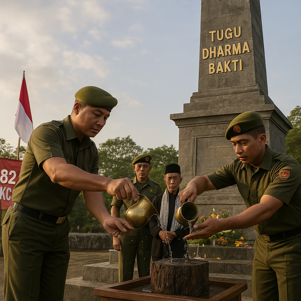 Yonif 126/KC Melaksanakan Tradisi Pencucian Tunggul dan Penyirraman Air Tawar Sedingin di Tugu Dharma Bakti